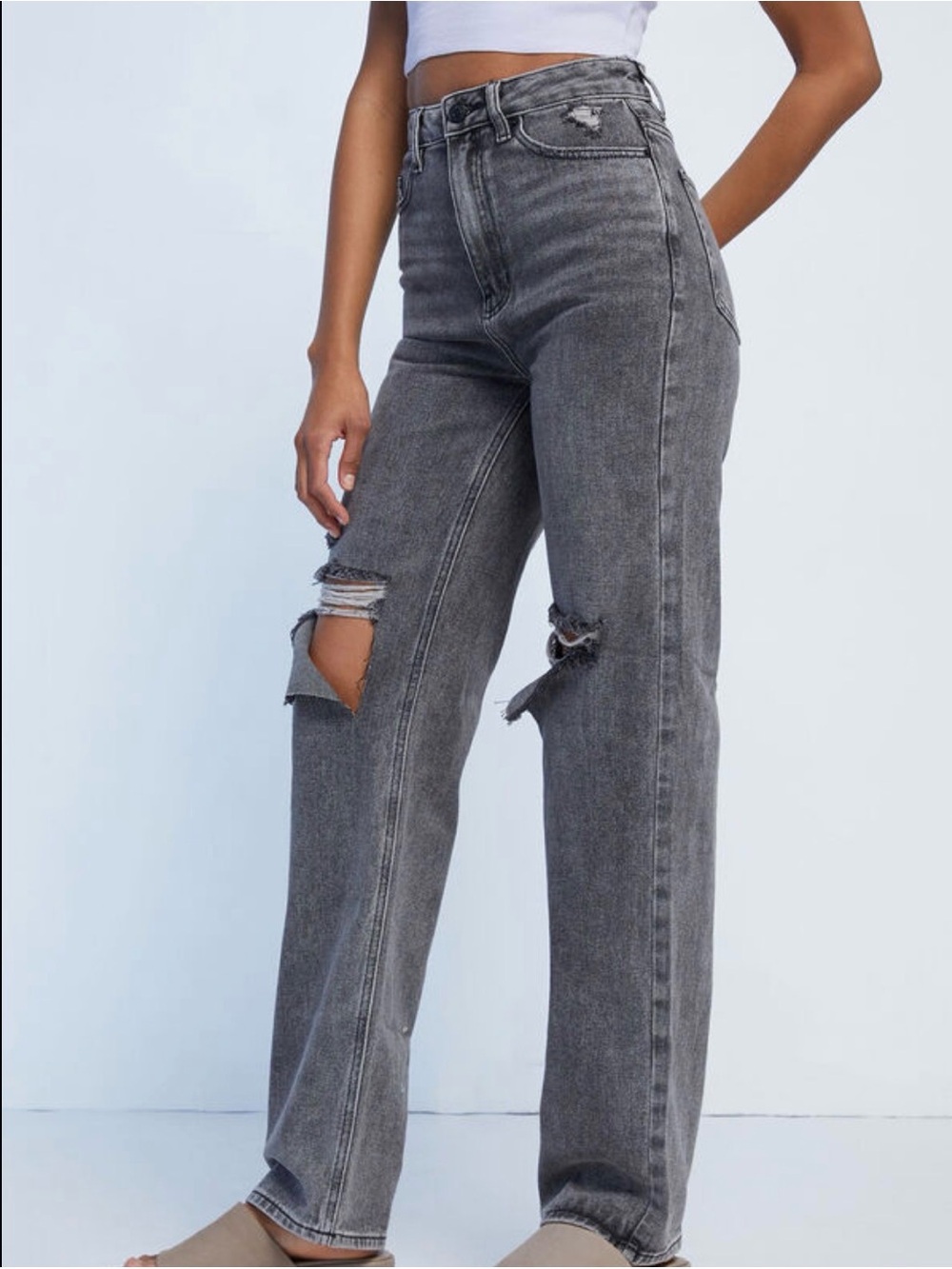 BDG High-Waisted Gray Distressed Straight-Leg Jeans